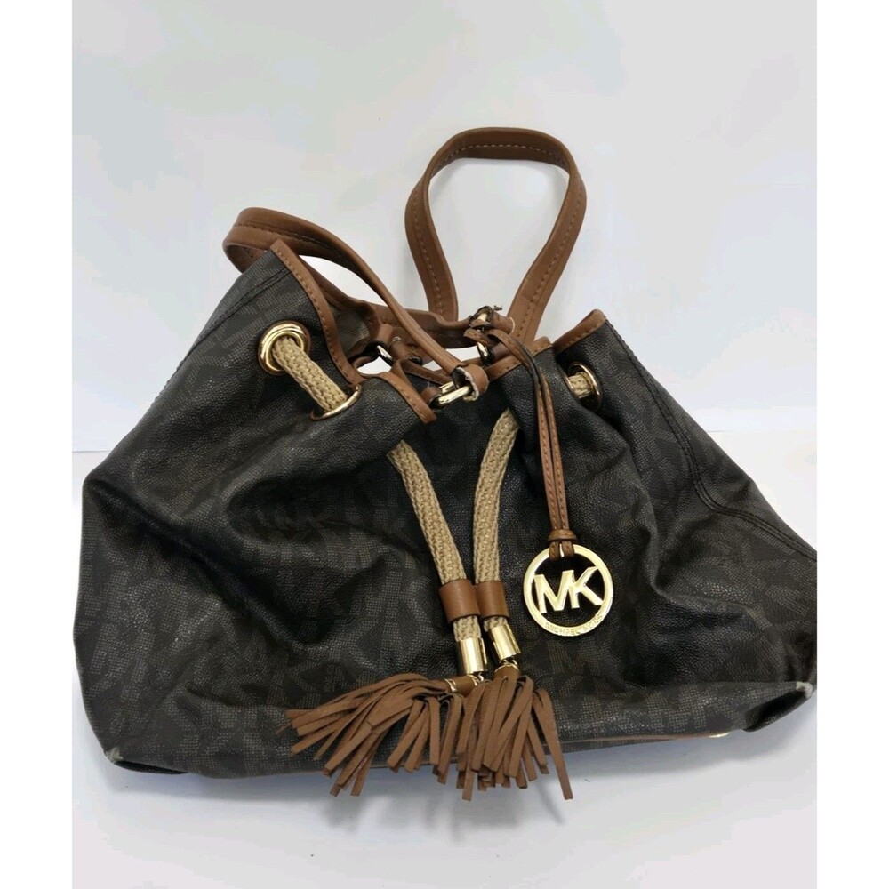Michael Kors Tote Bag Womens Purse Brown Monogram Canvas Gathered Jet Set